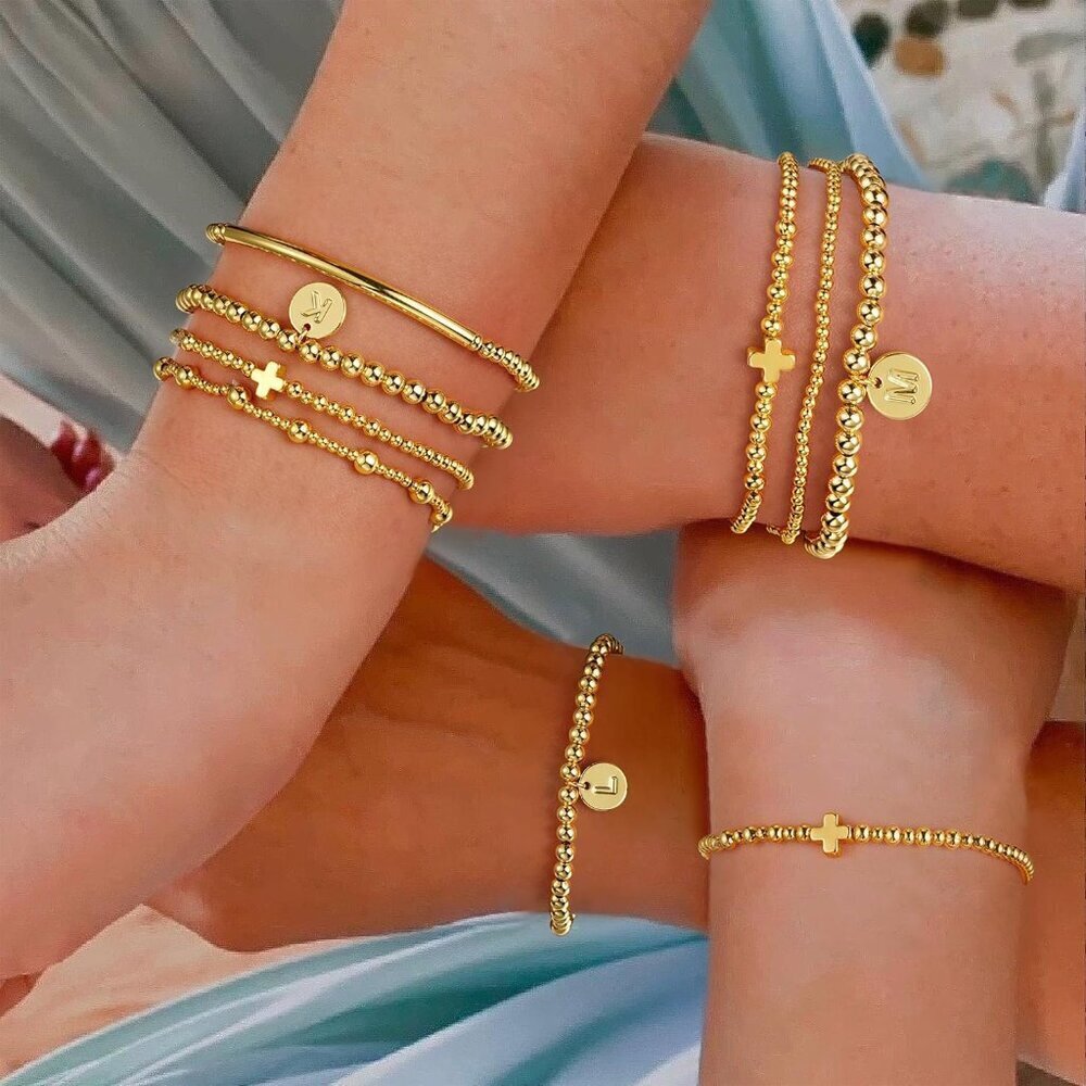 Gold Cross Bead Bracelets Set for Women Girls Dainty Layered Jewelry Gift - Picture 3 of 7